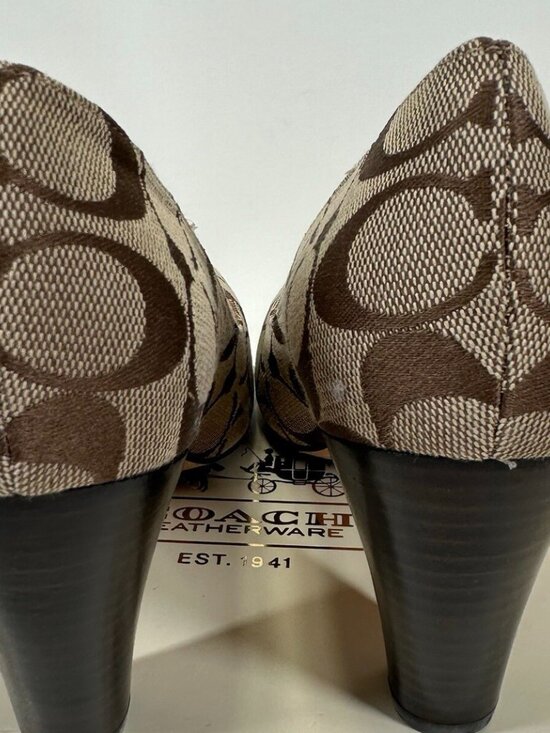 COACH Helaine Peep Toe Monogram Buckle Accent Pumps - Picture 4 of 9